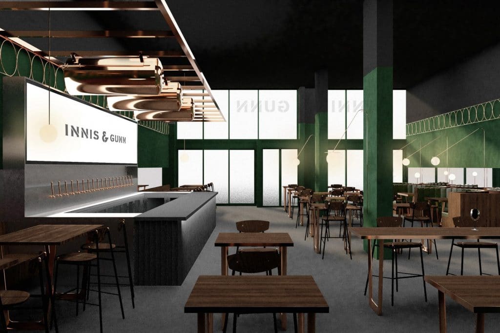 Innis-&-Gunn-Brewery-Taproom-in-Glasgow-bar-chairs-tables-green-walls