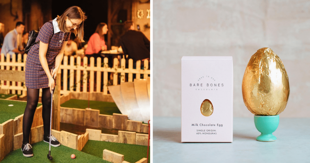 fore-play-crazy-golf-woman-putting-on-course-easter-egg-by-bare-bones-chocolate-in-egg-cup