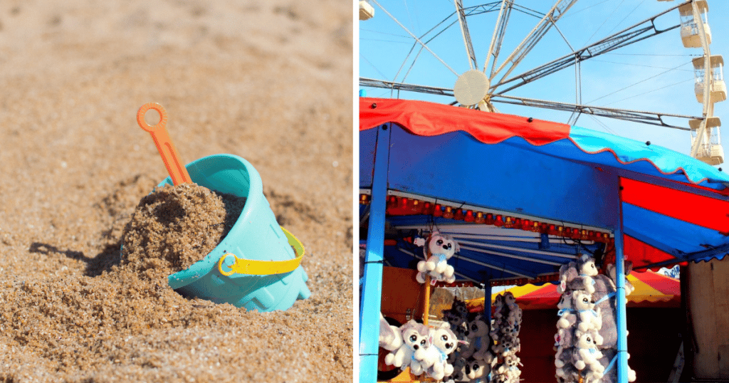 bucket-and-spade-in-sand-clyde-island-glasgow-giant-wheel-and-fairground-stalls-with-soft-toys