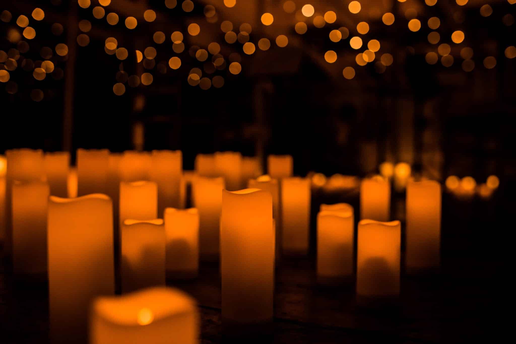 close-up of candles on display at a Candlelight Concert.